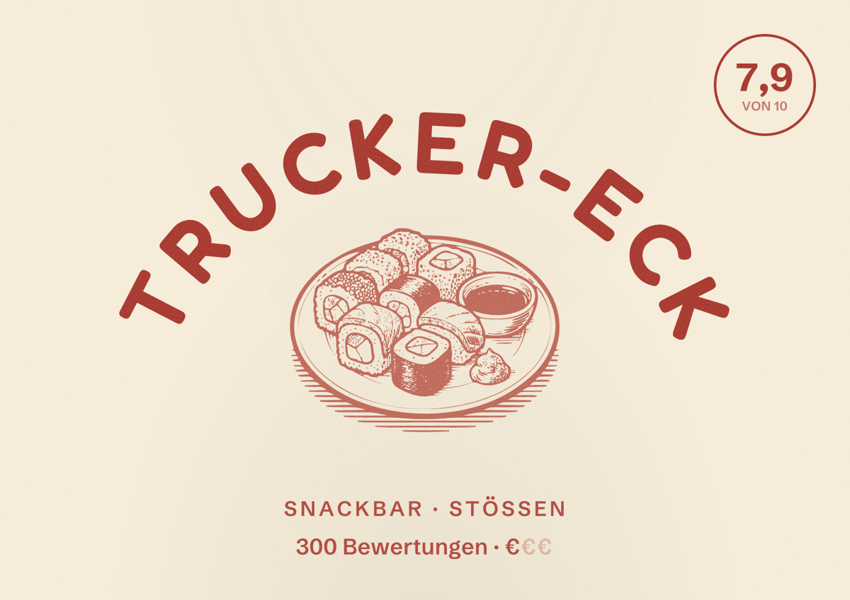 Illustriertes Poster von Trucker-Eck, Snackbar in Stößen: Bewertung 7,9 von 10 aus 300 Bewertungen, Preisniveau €
