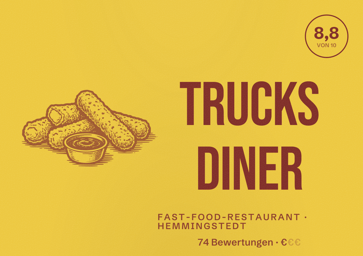 Illustriertes Poster von Trucks Diner, Fast-Food-Restaurant in Hemmingstedt: Bewertung 8,8 von 10 aus 74 Bewertungen, Preisniveau €