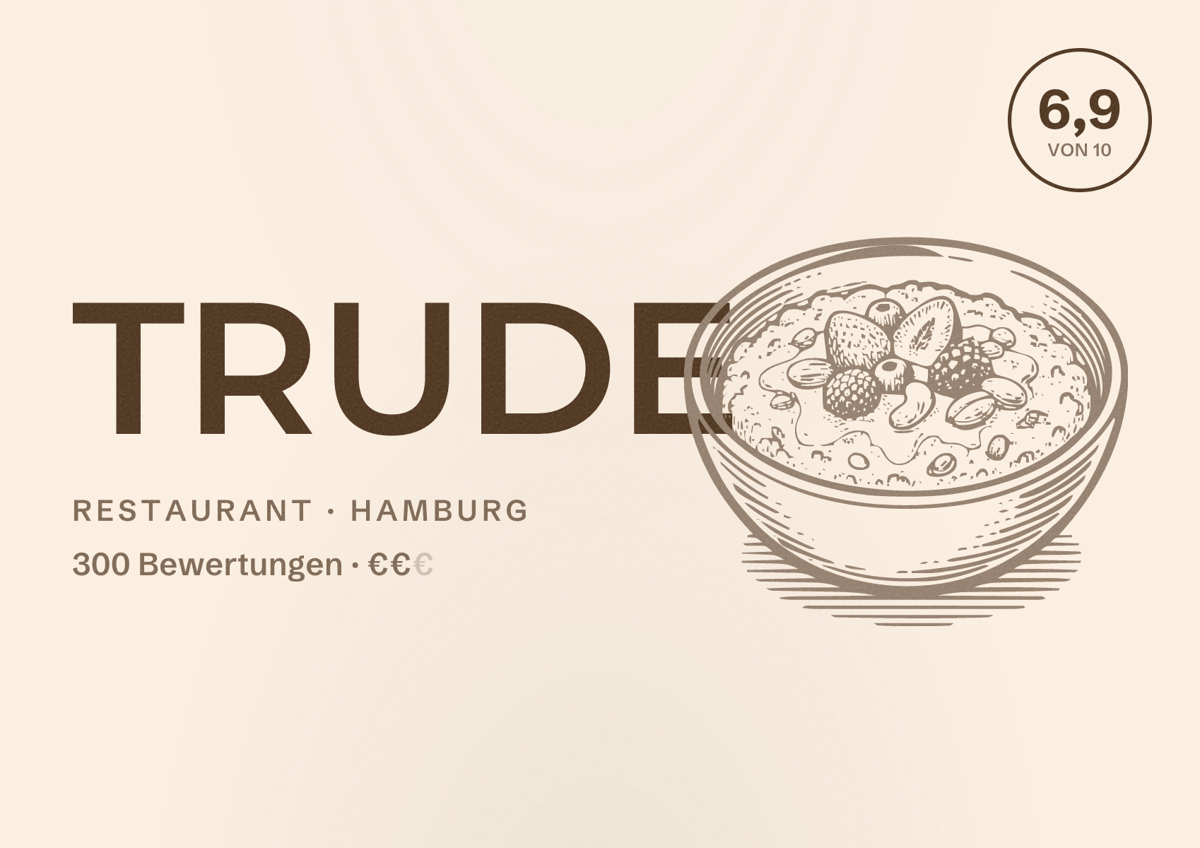 Illustriertes Poster von TRUDE, Restaurant in Hamburg: Bewertung 6,9 von 10 aus 300 Bewertungen, Preisniveau €€