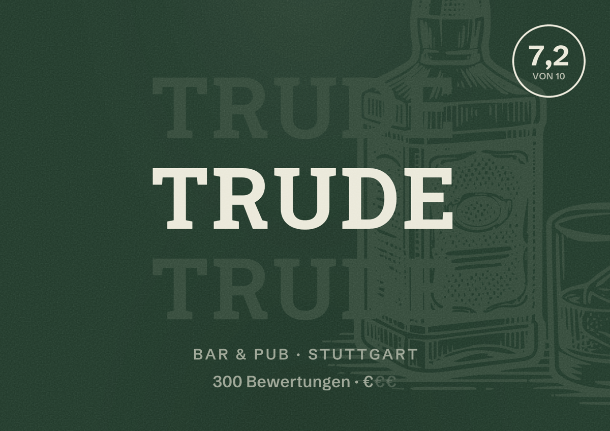 Illustriertes Poster von Trude, Bar & Pub in Stuttgart: Bewertung 7,2 von 10 aus 300 Bewertungen, Preisniveau €
