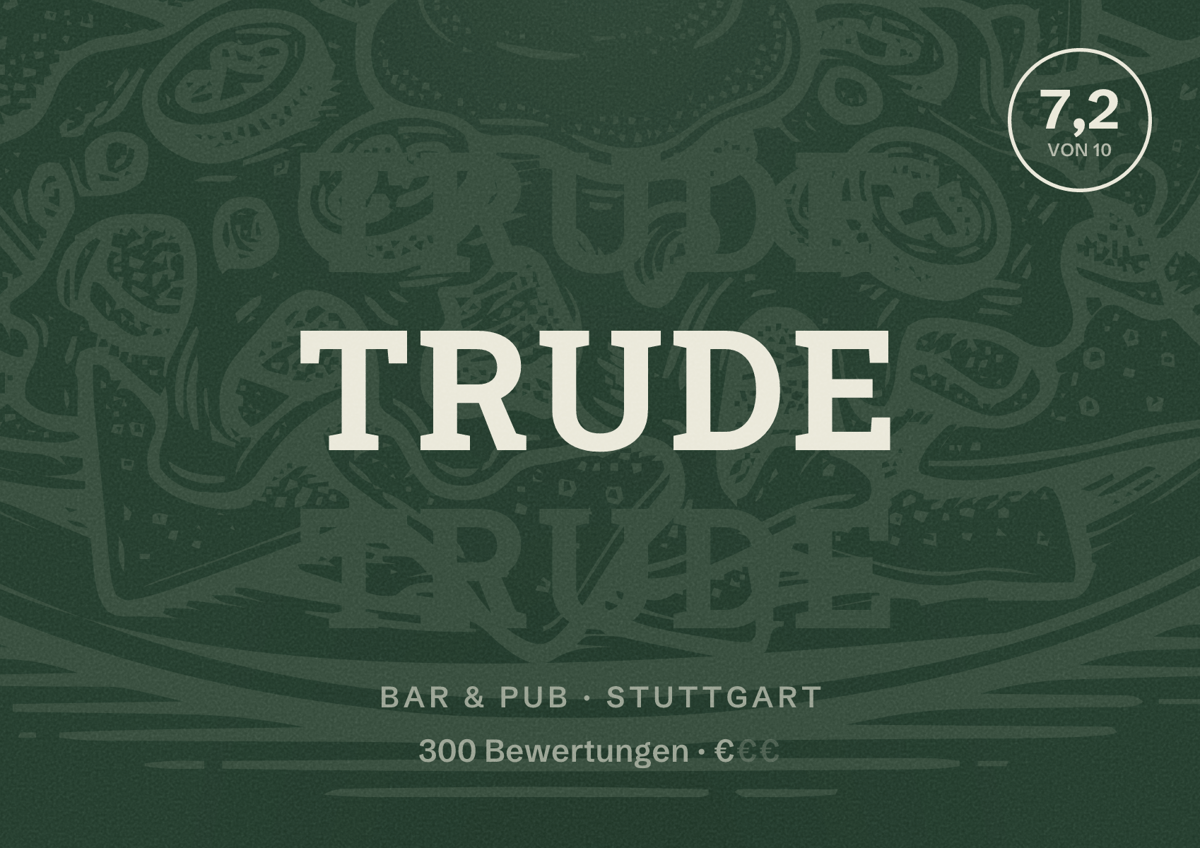 Illustriertes Poster von Trude, Bar & Pub in Stuttgart: Bewertung 7,2 von 10 aus 300 Bewertungen, Preisniveau €