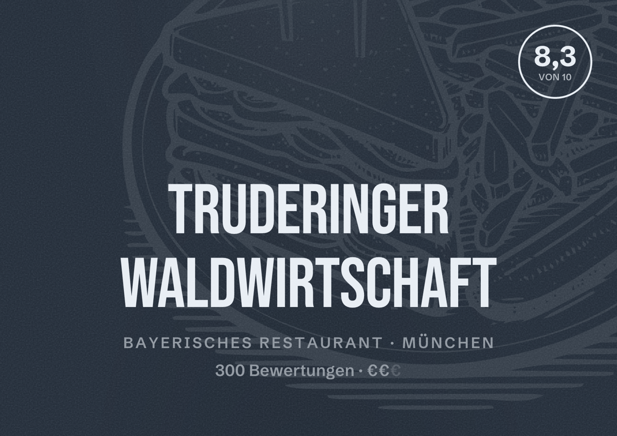 Illustriertes Poster von Truderinger Waldwirtschaft, Bayerisches Restaurant in München: Bewertung 8,3 von 10 aus 300 Bewertungen, Preisniveau €€