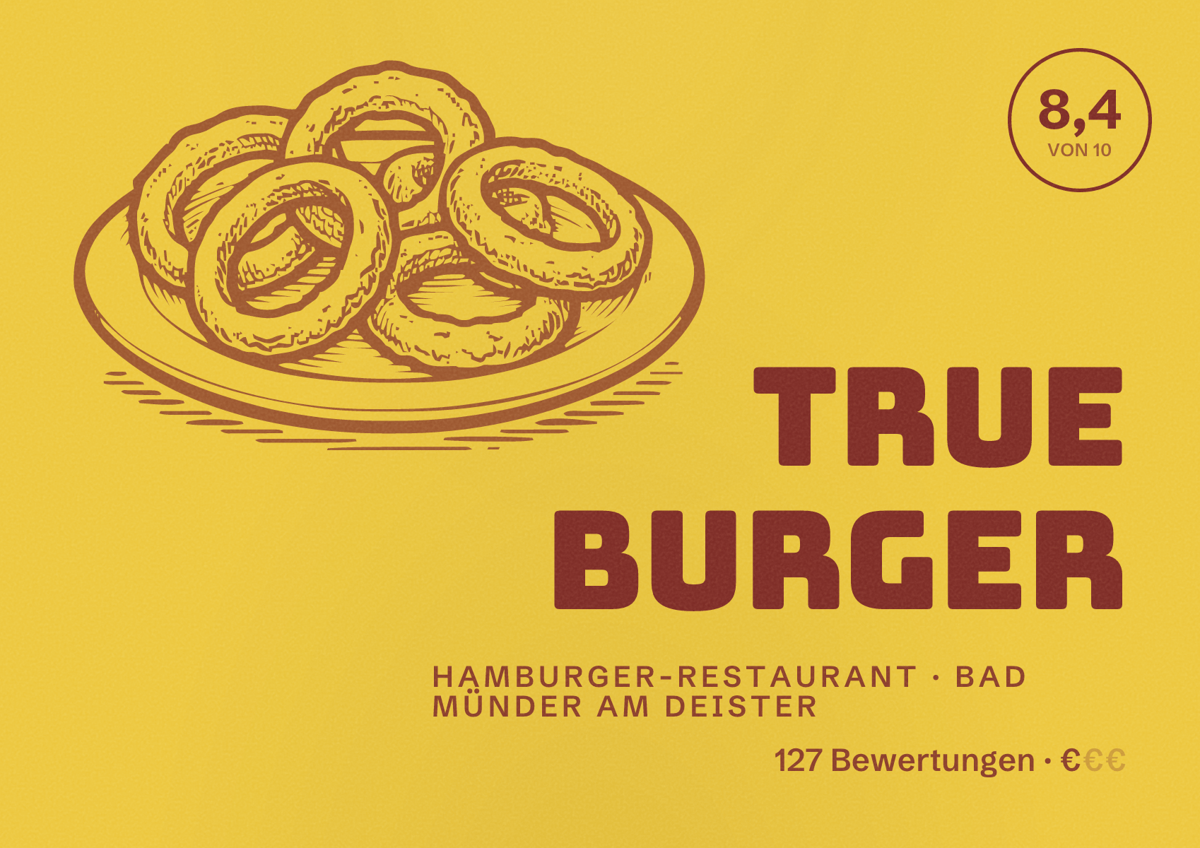 Illustriertes Poster von True Burger, Hamburger-Restaurant in Bad Münder am Deister: Bewertung 8,4 von 10 aus 127 Bewertungen, Preisniveau €