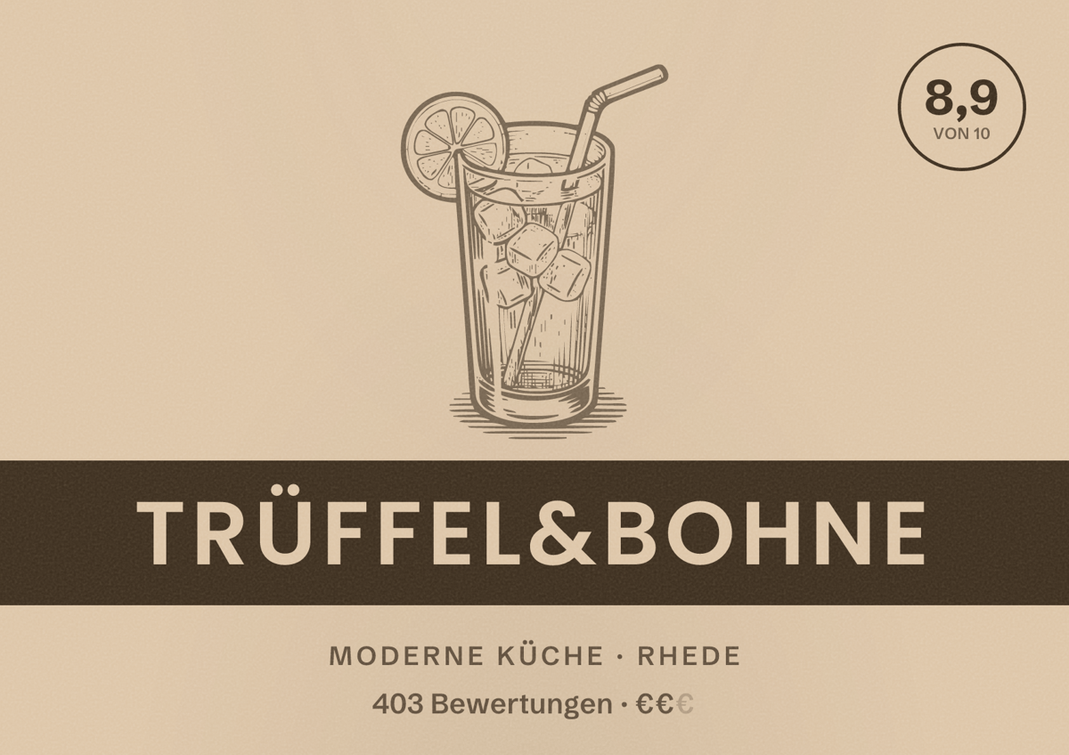 Illustriertes Poster von Trüffel&Bohne, Moderne Küche in Rhede: Bewertung 8,9 von 10 aus 403 Bewertungen, Preisniveau €€
