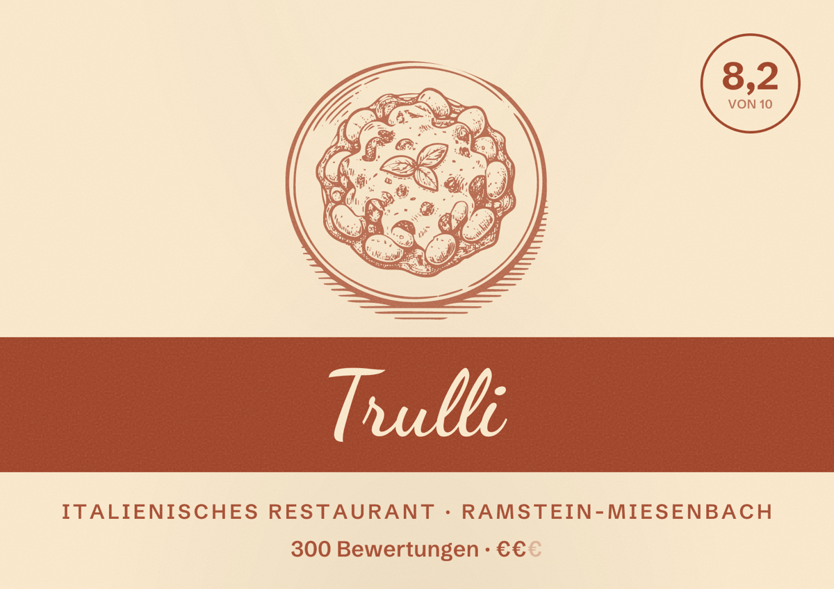 Illustriertes Poster von Trulli, Italienisches Restaurant in Ramstein-Miesenbach: Bewertung 8,2 von 10 aus 300 Bewertungen, Preisniveau €€