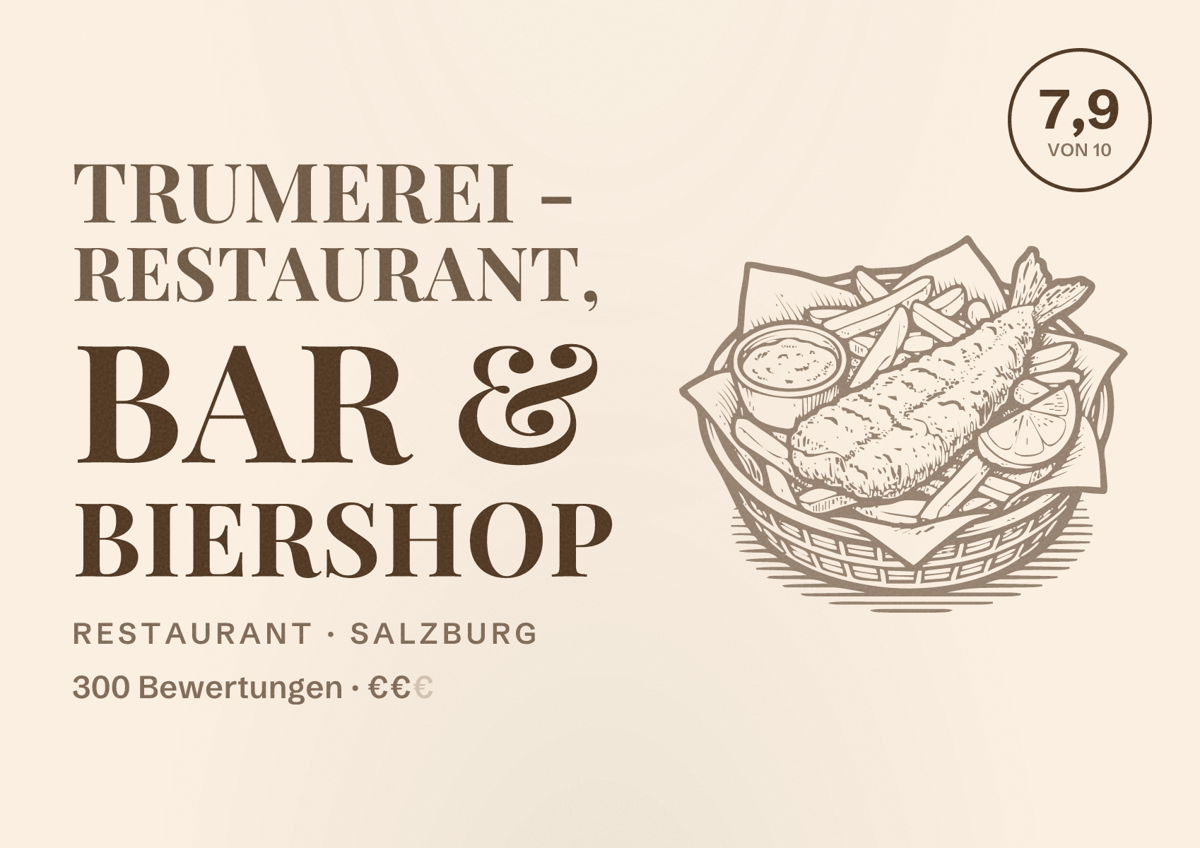 Illustriertes Poster von TRUMEREI - Restaurant, Bar & Biershop, Restaurant in Salzburg: Bewertung 7,9 von 10 aus 300 Bewertungen, Preisniveau €€