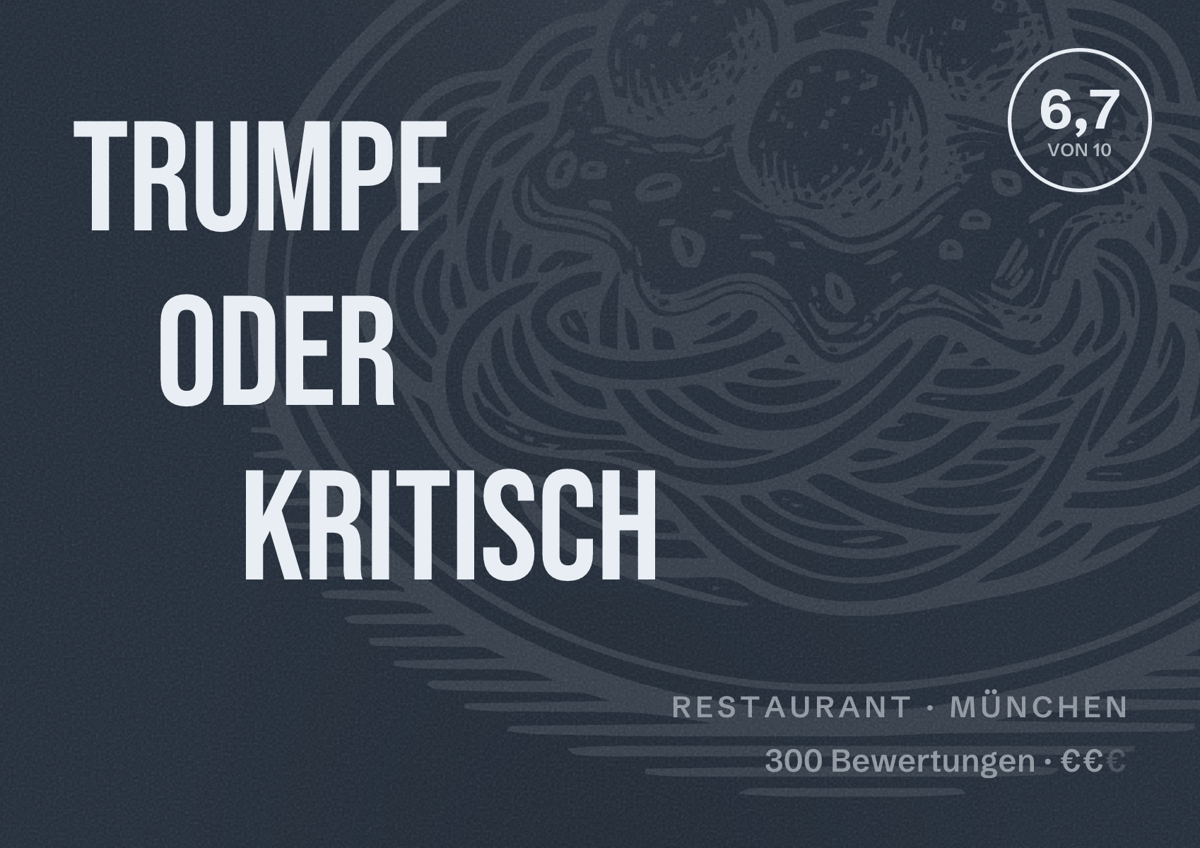 Illustriertes Poster von Trumpf oder Kritisch, Restaurant in München: Bewertung 6,7 von 10 aus 300 Bewertungen, Preisniveau €€