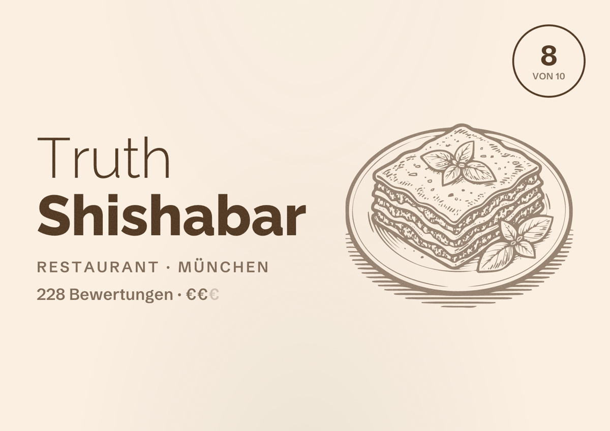 Illustriertes Poster von Truth Shishabar, Restaurant in München: Bewertung 8,0 von 10 aus 228 Bewertungen, Preisniveau €€