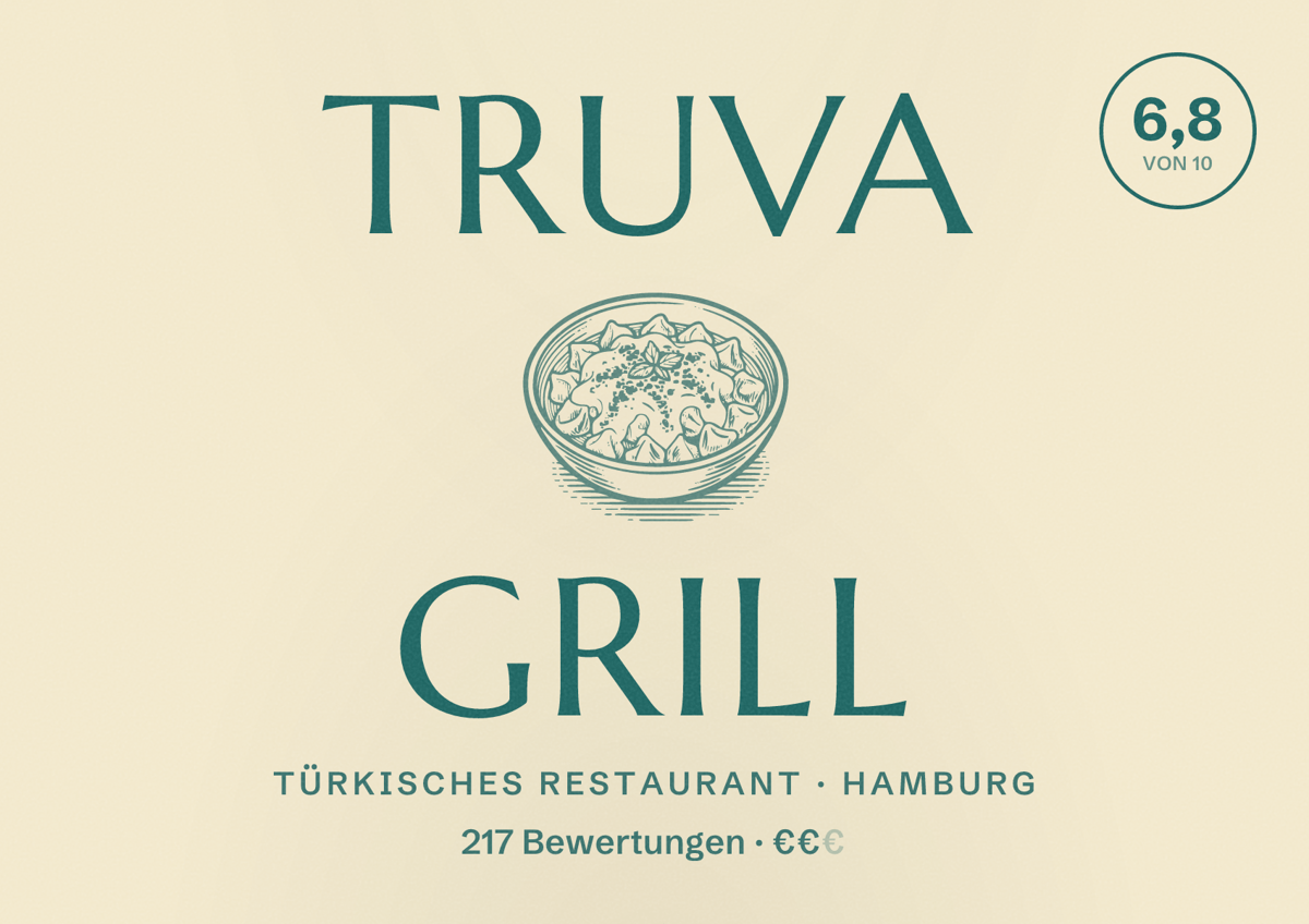 Illustriertes Poster von Truva Grill, Türkisches Restaurant in Hamburg: Bewertung 6,8 von 10 aus 217 Bewertungen, Preisniveau €€