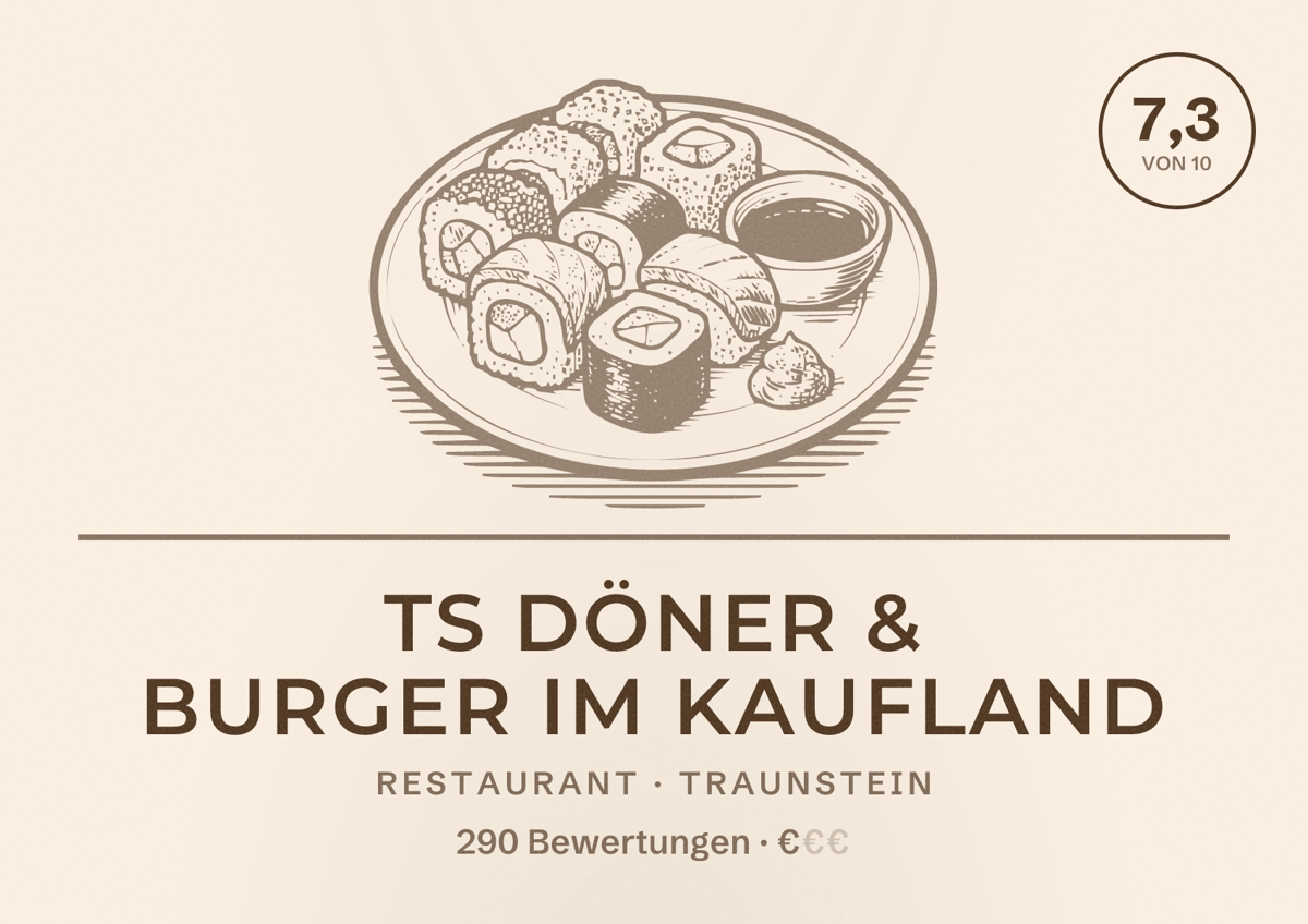 Illustriertes Poster von TS DÖNER & BURGER im Kaufland, Restaurant in Traunstein: Bewertung 7,3 von 10 aus 290 Bewertungen, Preisniveau €