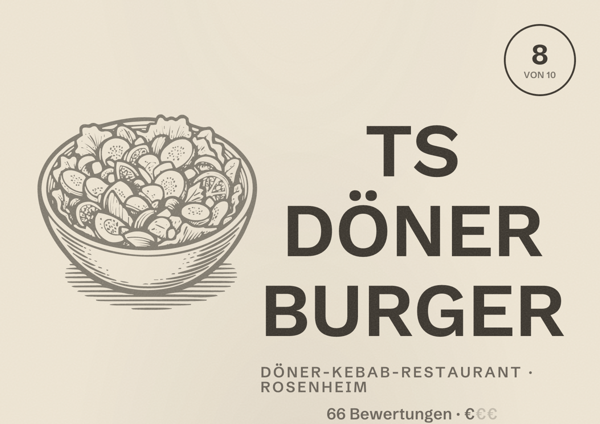 Illustriertes Poster von TS DÖNER BURGER, Döner-Kebab-Restaurant in Rosenheim: Bewertung 8 von 10 aus 66 Bewertungen, Preisniveau €