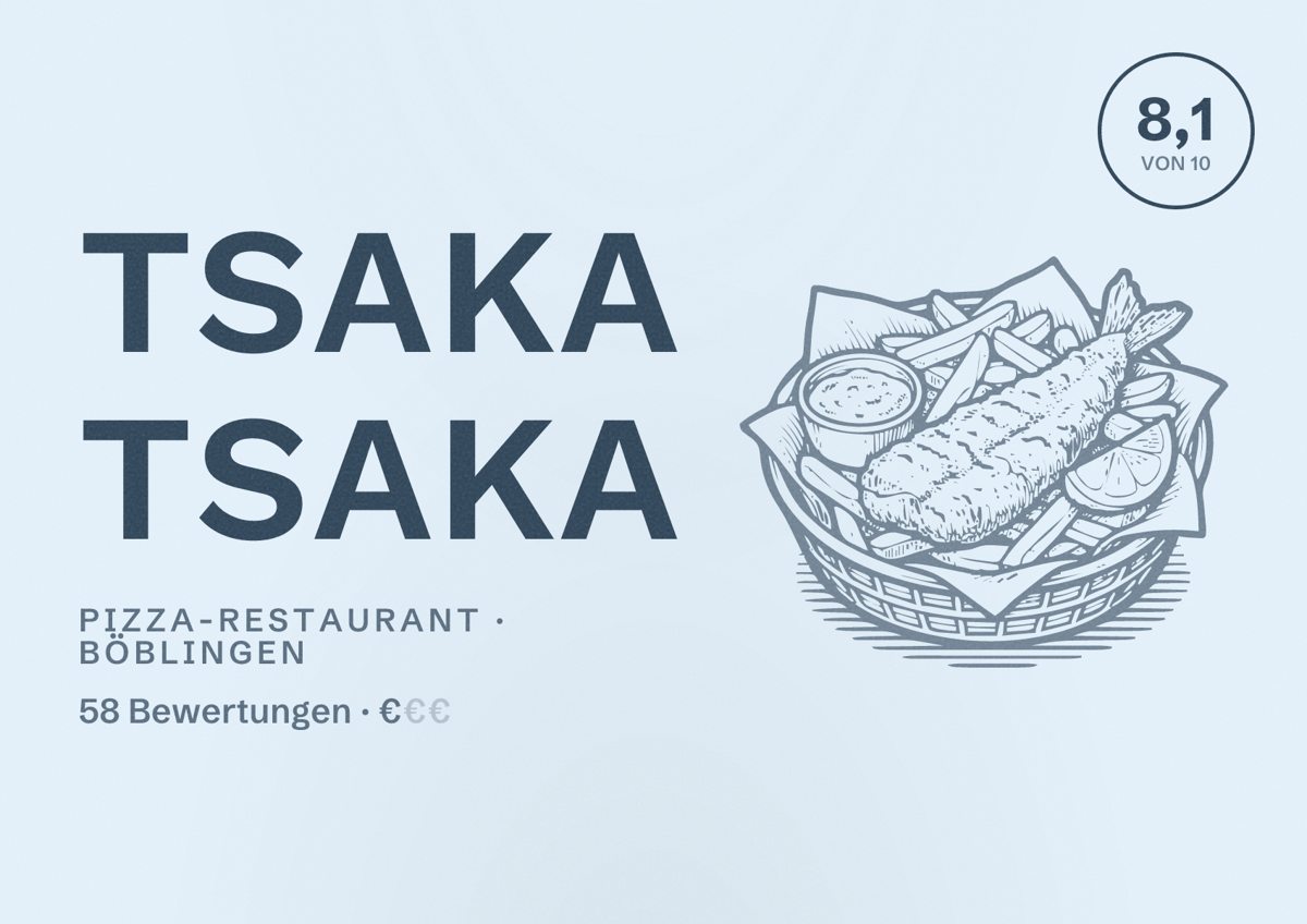 Illustriertes Poster von Tsaka Tsaka, Pizza-Restaurant in Böblingen: Bewertung 8,1 von 10 aus 58 Bewertungen, Preisniveau €