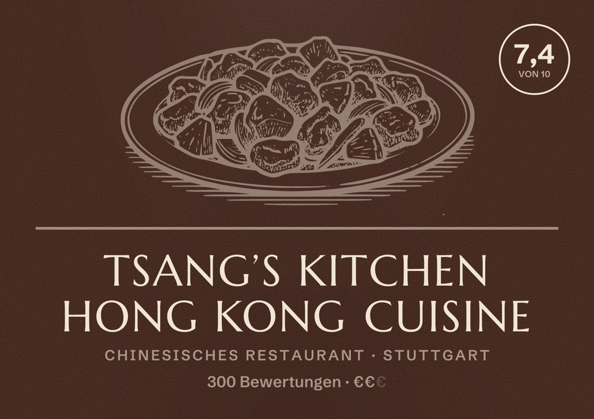 Illustriertes Poster von Tsang’s Kitchen Hong Kong Cuisine, Chinesisches Restaurant in Stuttgart: Bewertung 7,4 von 10 aus 300 Bewertungen, Preisniveau €€