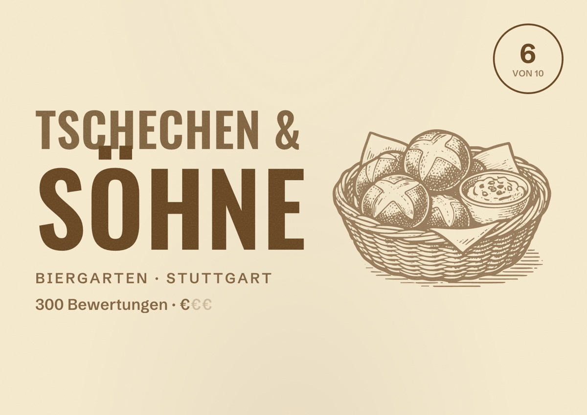 Illustriertes Poster von Tschechen & Söhne, Biergarten in Stuttgart: Bewertung 6,0 von 10 aus 300 Bewertungen, Preisniveau €