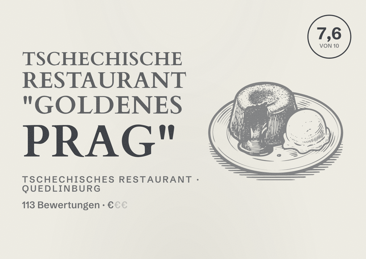 Illustriertes Poster von Tschechische Restaurant "Goldenes Prag", Tschechisches Restaurant in Quedlinburg: Bewertung 7,6 von 10 aus 113 Bewertungen, Preisniveau €