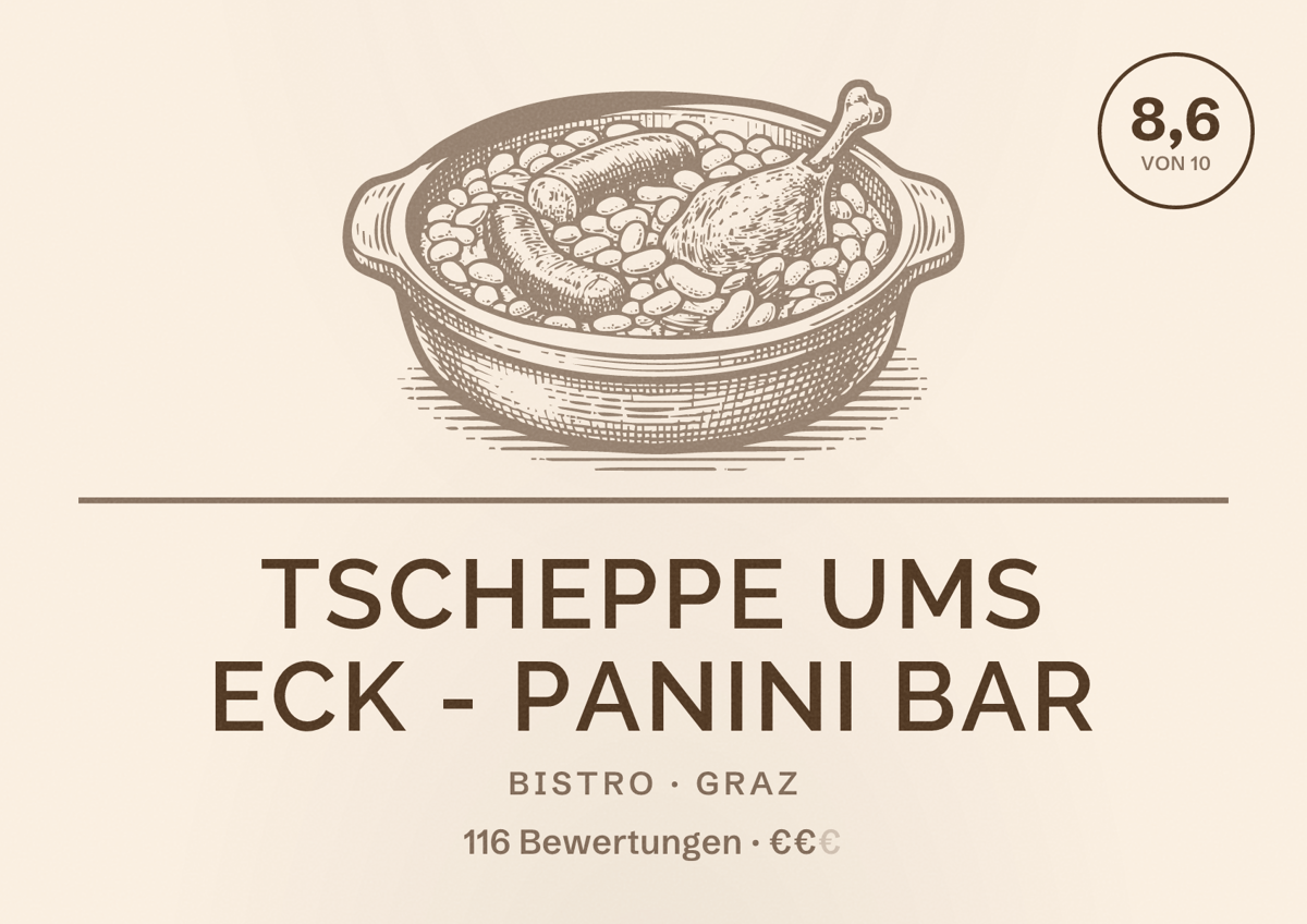 Illustriertes Poster von Tscheppe ums Eck - Panini Bar, Bistro in Graz: Bewertung 8,6 von 10 aus 116 Bewertungen, Preisniveau €€