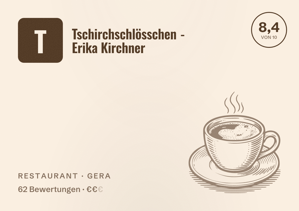 Illustriertes Poster von Tschirchschlösschen - Erika Kirchner, Restaurant in Gera: Bewertung 8,4 von 10 aus 62 Bewertungen, Preisniveau €€