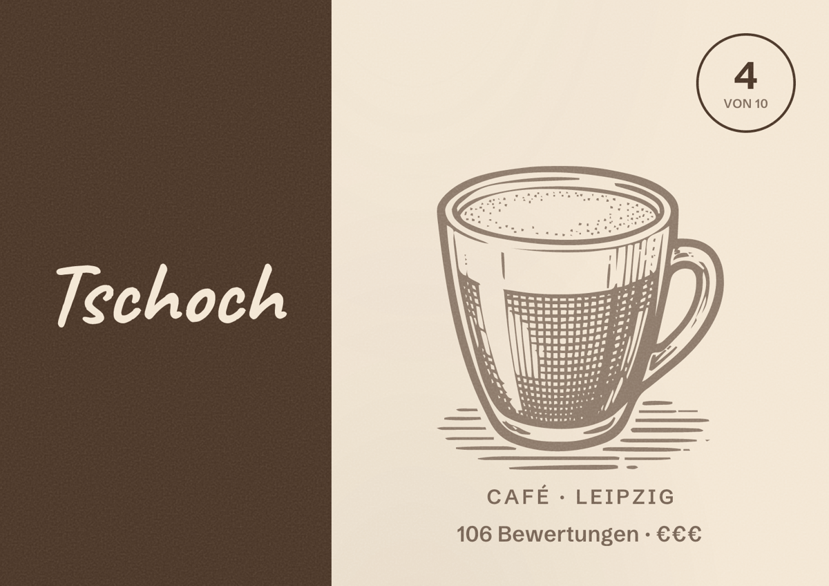 Illustriertes Poster von Tschoch, Café in Leipzig: Bewertung 4 von 10 aus 106 Bewertungen, Preisniveau €€€