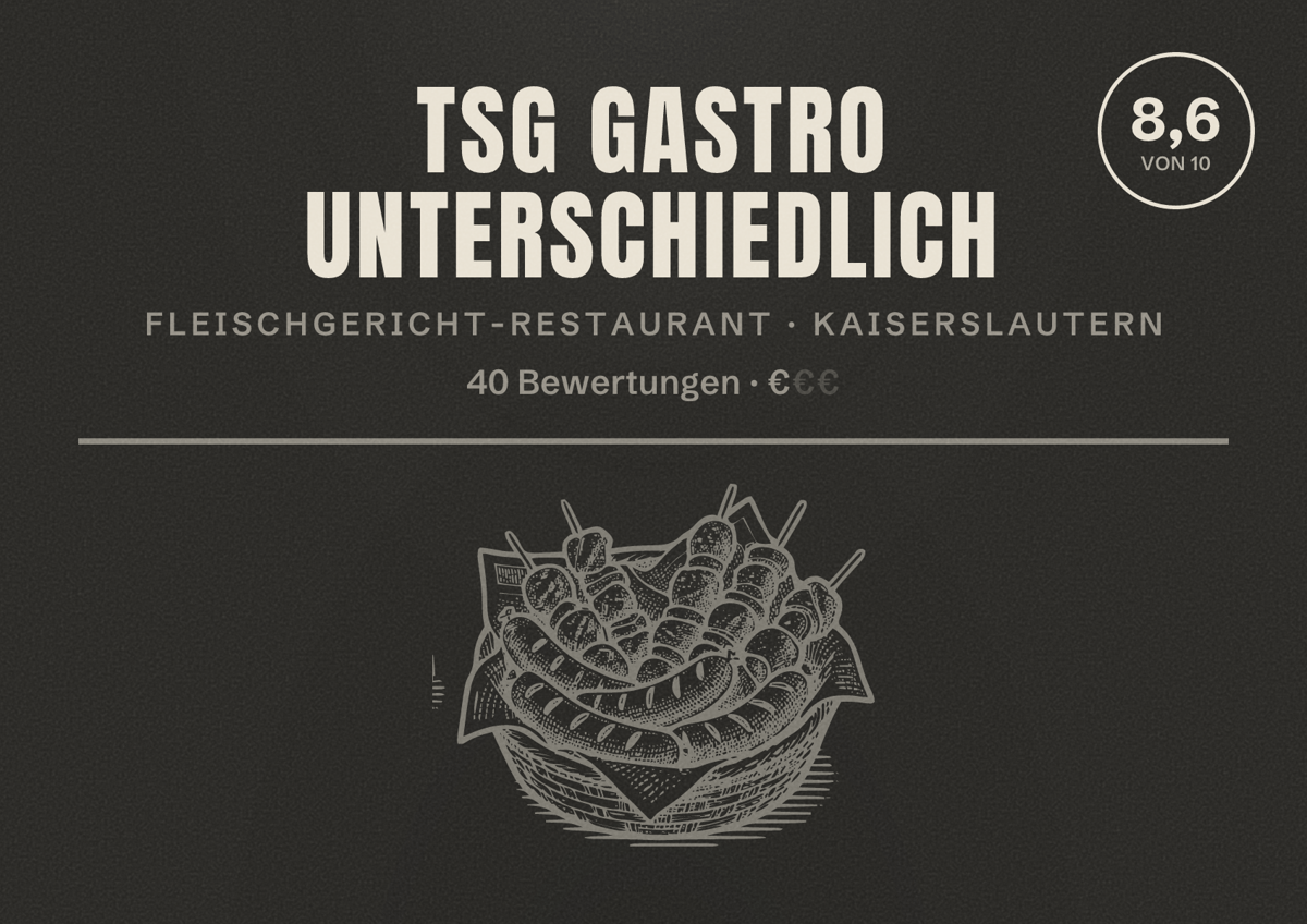 Illustriertes Poster von Tsg Gastro Unterschiedlich, Fleischgericht-Restaurant in Kaiserslautern: Bewertung 8,6 von 10 aus 40 Bewertungen, Preisniveau €