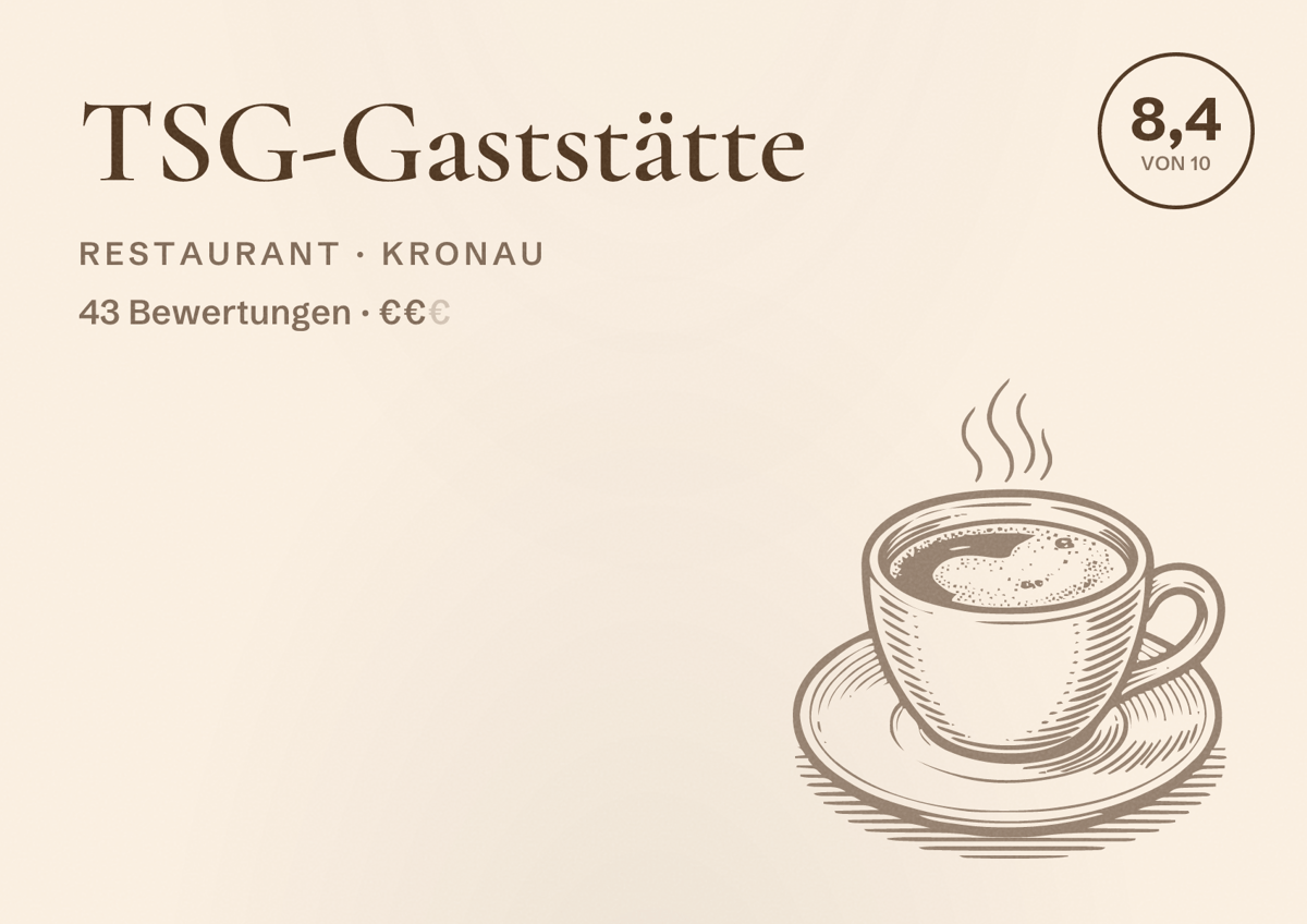 Illustriertes Poster von TSG-Gaststätte, Restaurant in Kronau: Bewertung 8,4 von 10 aus 43 Bewertungen, Preisniveau €€
