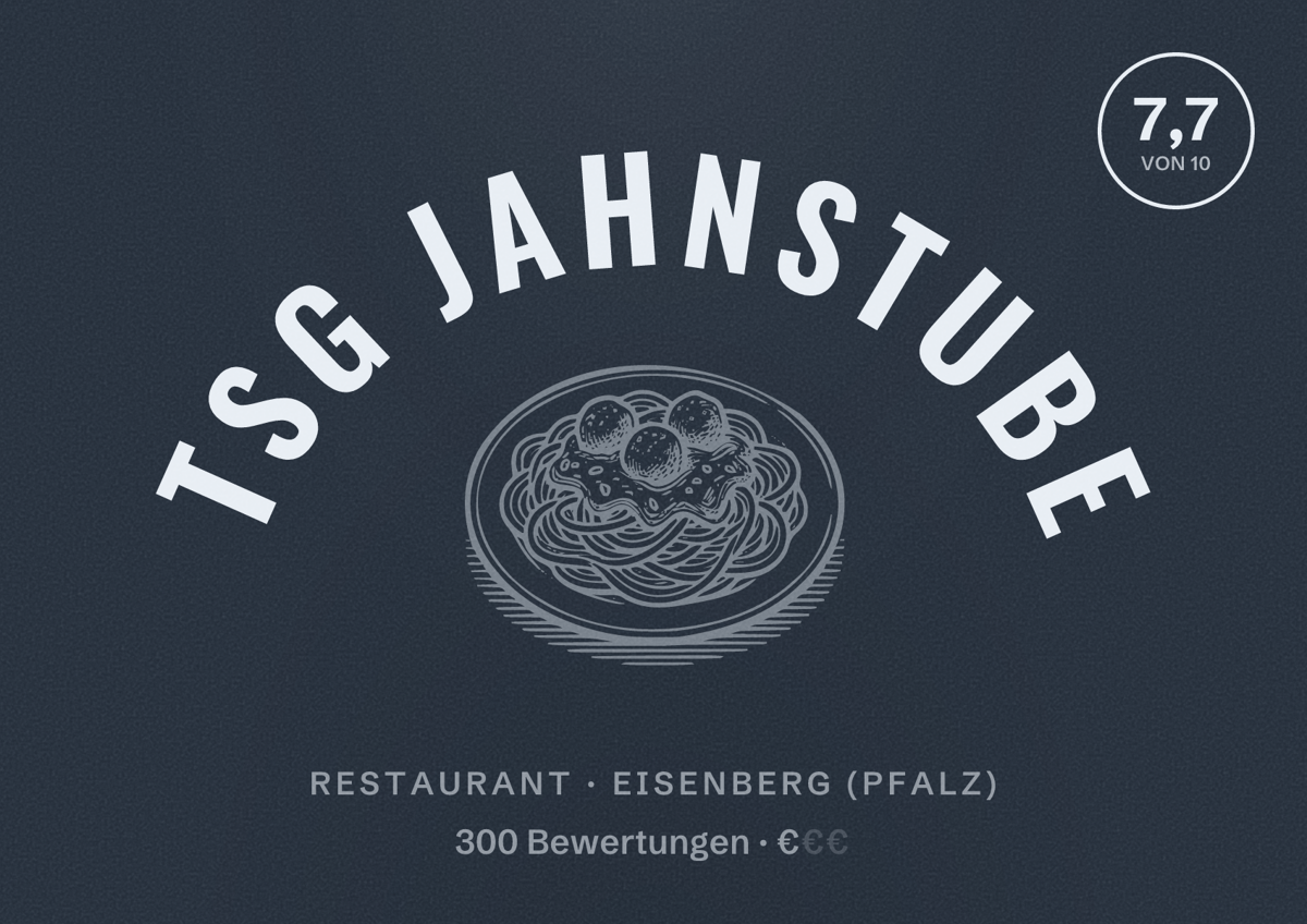Illustriertes Poster von TSG Jahnstube, Restaurant in Eisenberg (Pfalz): Bewertung 7,7 von 10 aus 300 Bewertungen, Preisniveau €