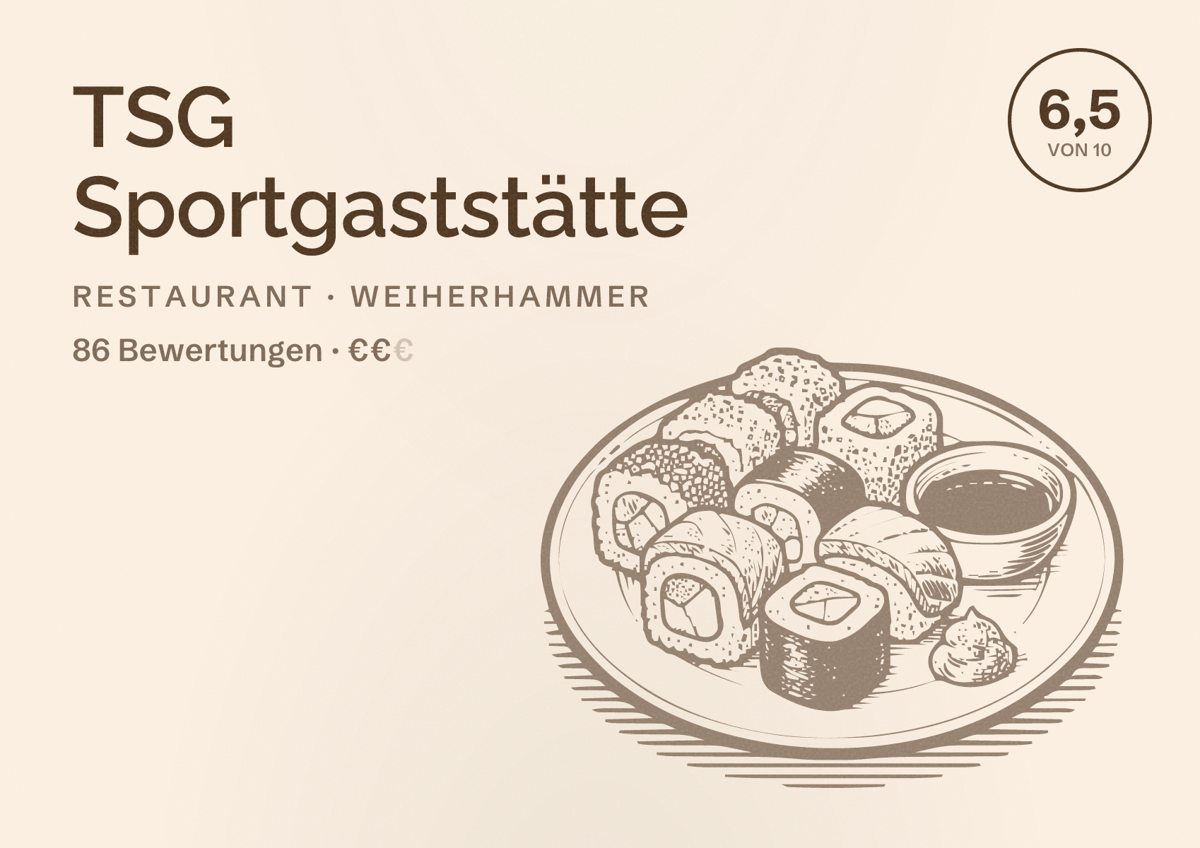 Illustriertes Poster von TSG Sportgaststätte, Restaurant in Weiherhammer: Bewertung 6,5 von 10 aus 86 Bewertungen, Preisniveau €€