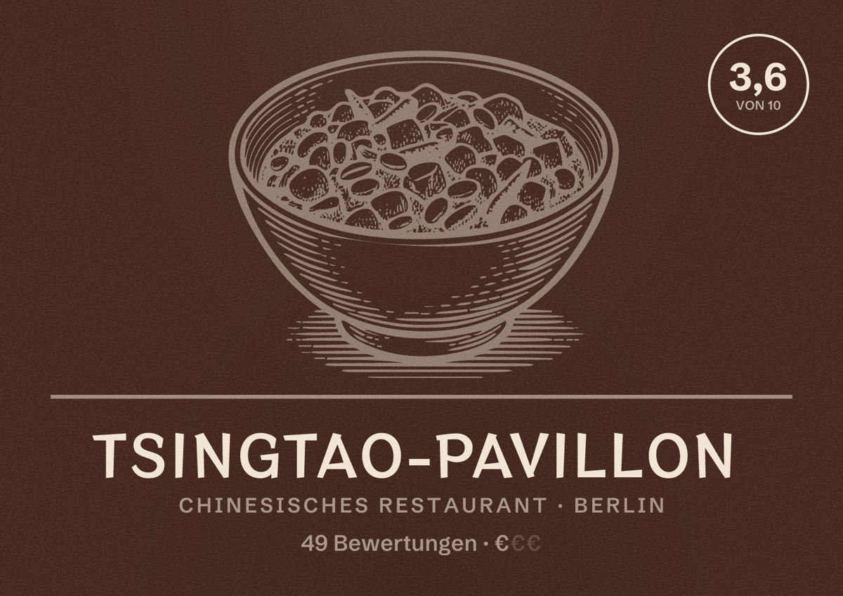 Illustriertes Poster von Tsingtao-Pavillon, Chinesisches Restaurant in Berlin: Bewertung 3,6 von 10 aus 49 Bewertungen, Preisniveau €