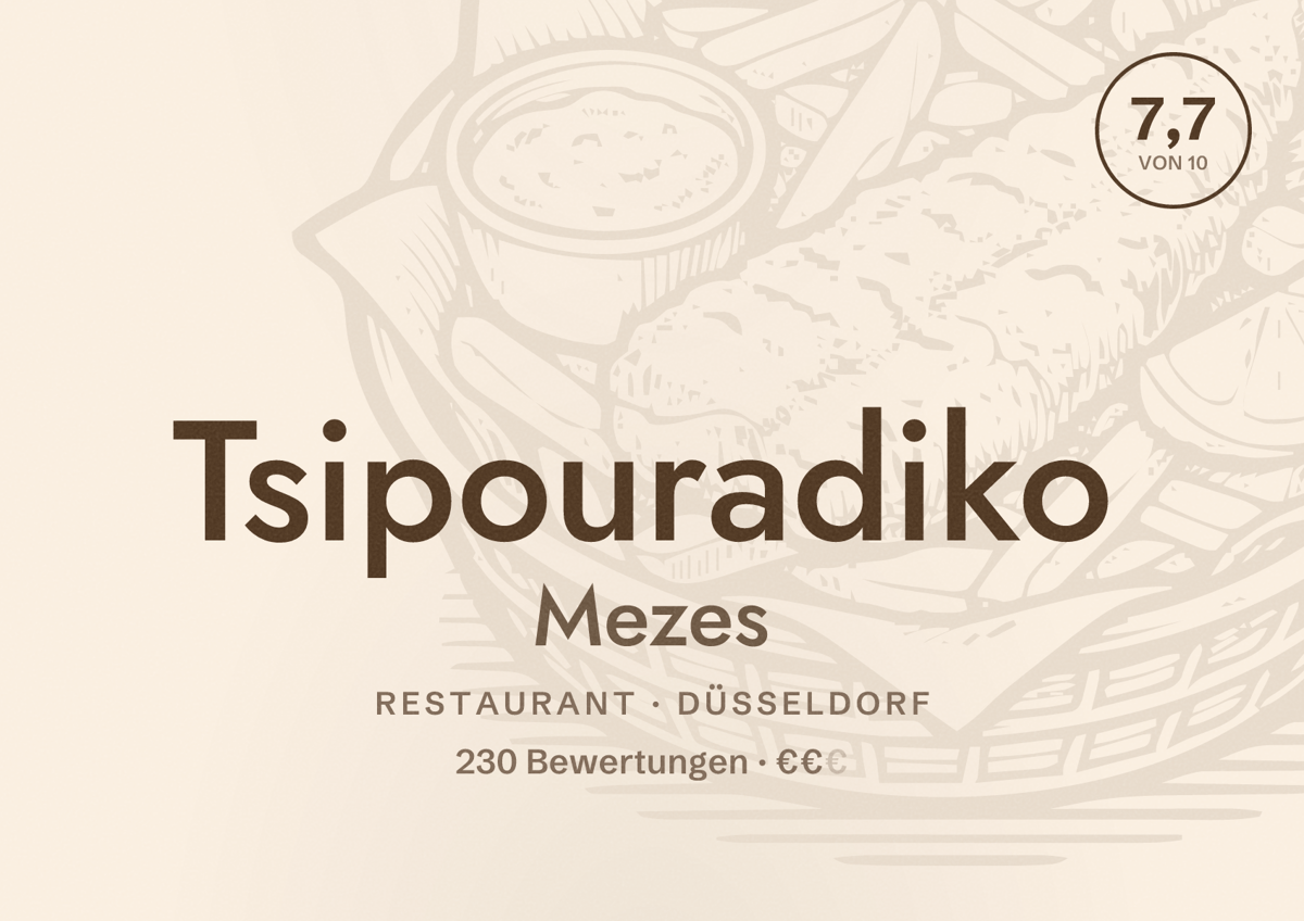 Illustriertes Poster von Tsipouradiko Mezes, Restaurant in Düsseldorf: Bewertung 7,7 von 10 aus 230 Bewertungen, Preisniveau €€