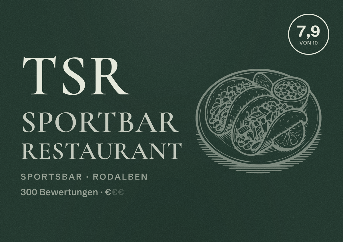 Illustriertes Poster von TSR Sportbar Restaurant, Sportsbar in Rodalben: Bewertung 7,9 von 10 aus 300 Bewertungen, Preisniveau €
