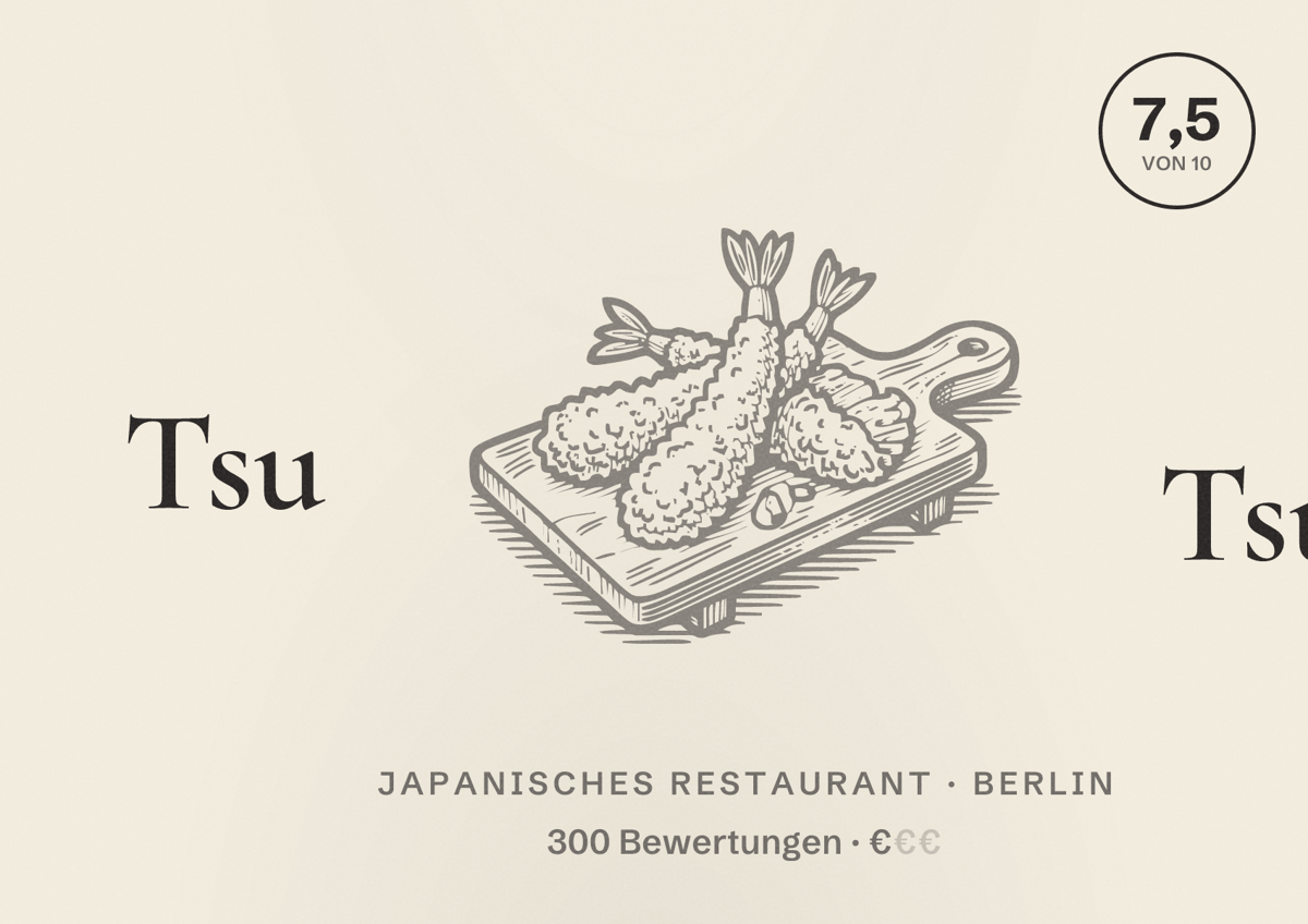 Illustriertes Poster von Tsu Tsu, Japanisches Restaurant in Berlin: Bewertung 7,5 von 10 aus 300 Bewertungen, Preisniveau €