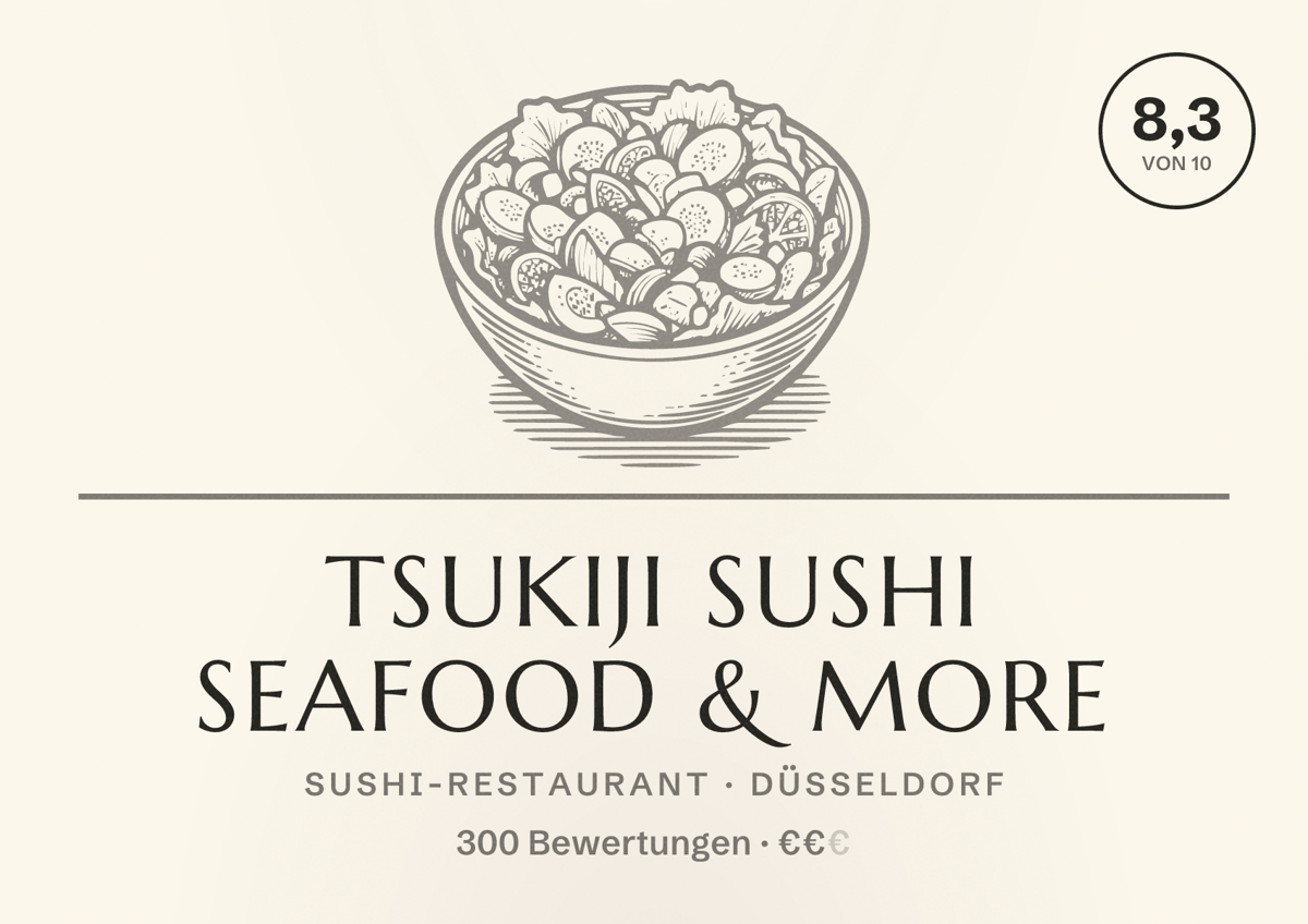 Illustriertes Poster von Tsukiji Sushi Seafood & more, Sushi-Restaurant in Düsseldorf: Bewertung 8,3 von 10 aus 300 Bewertungen, Preisniveau €€