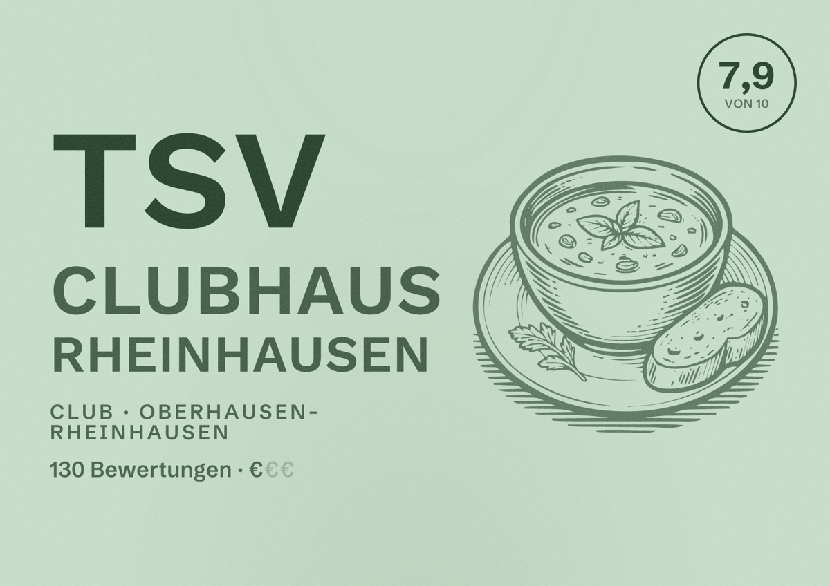 Illustriertes Poster von TSV Clubhaus Rheinhausen, Club in Oberhausen-Rheinhausen: Bewertung 7,9 von 10 aus 130 Bewertungen, Preisniveau €