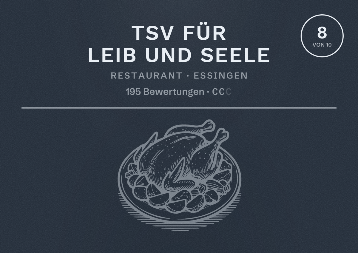 Illustriertes Poster von TSV für Leib und Seele, Restaurant in Essingen: Bewertung 8 von 10 aus 195 Bewertungen, Preisniveau €€