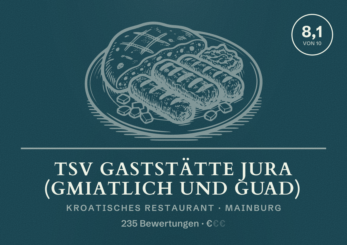 Illustriertes Poster von TSV Gaststätte JURA (Gmiatlich und Guad), Kroatisches Restaurant in Mainburg: Bewertung 8,1 von 10 aus 235 Bewertungen, Preisniveau €