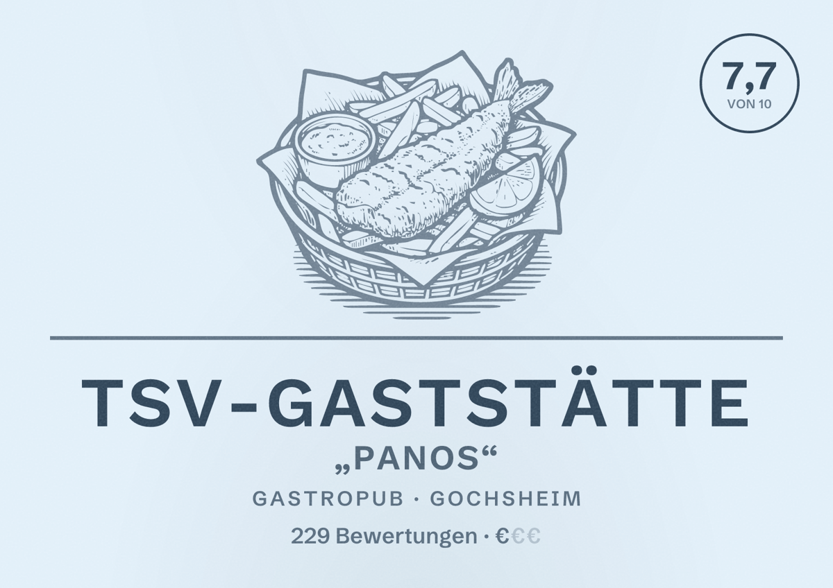 Illustriertes Poster von TSV-Gaststätte „Panos“, Gastropub in Gochsheim: Bewertung 7,7 von 10 aus 229 Bewertungen, Preisniveau €