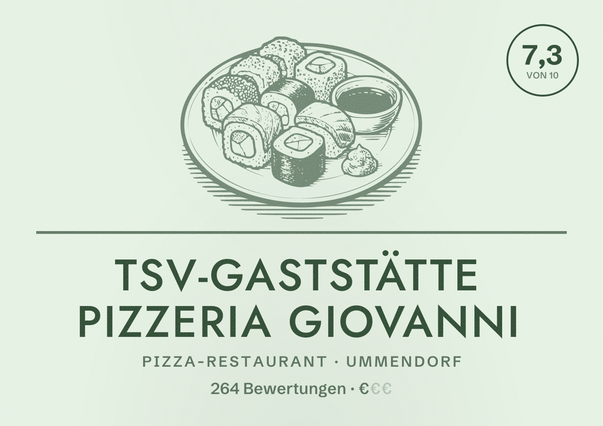 Illustriertes Poster von TSV-Gaststätte pizzeria Giovanni, Pizza-Restaurant in Ummendorf: Bewertung 7,3 von 10 aus 264 Bewertungen, Preisniveau €