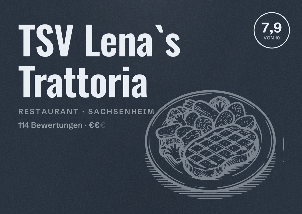 Illustriertes Poster von TSV Lena`s Trattoria, Restaurant in Sachsenheim: Bewertung 7,9 von 10 aus 114 Bewertungen, Preisniveau €€