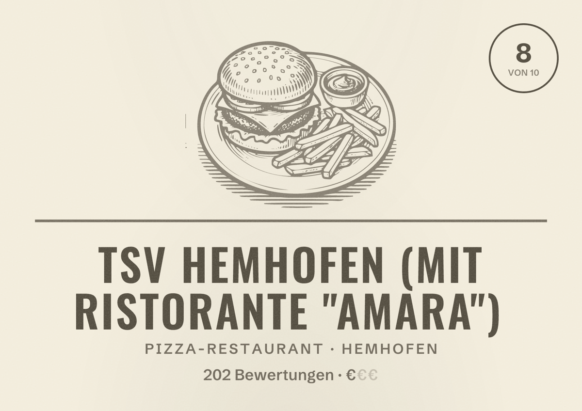 Illustriertes Poster von TSV Hemhofen (mit Ristorante "Amara"), Pizza-Restaurant in Hemhofen: Bewertung 8 von 10 aus 202 Bewertungen, Preisniveau €