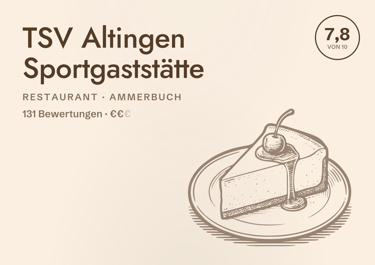 Illustriertes Poster von TSV Altingen Sportgaststätte, Restaurant in Ammerbuch: Bewertung 7,8 von 10 aus 131 Bewertungen, Preisniveau €€