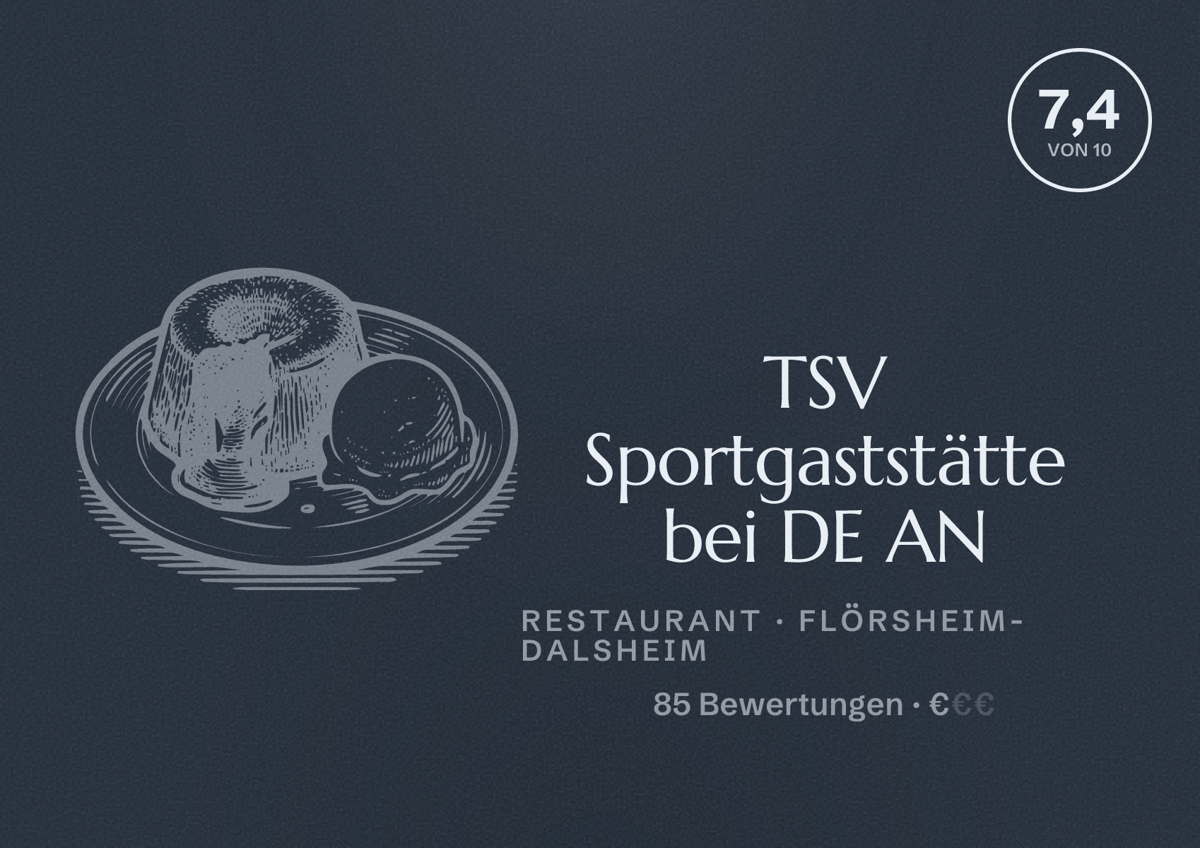 Illustriertes Poster von TSV Sportgaststätte bei DE AN, Restaurant in Flörsheim-Dalsheim: Bewertung 7,4 von 10 aus 85 Bewertungen, Preisniveau €