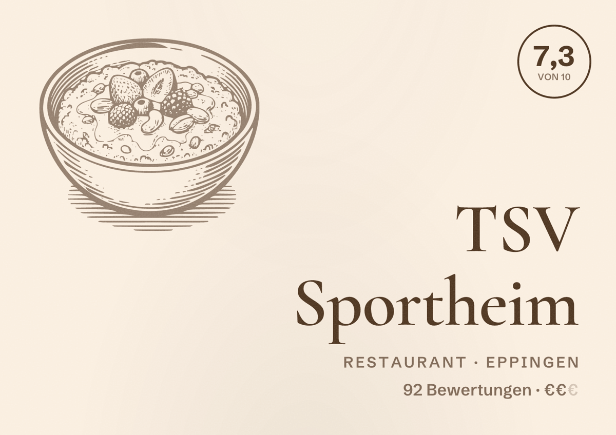 Illustriertes Poster von TSV Sportheim, Restaurant in Eppingen: Bewertung 7,3 von 10 aus 92 Bewertungen, Preisniveau €€