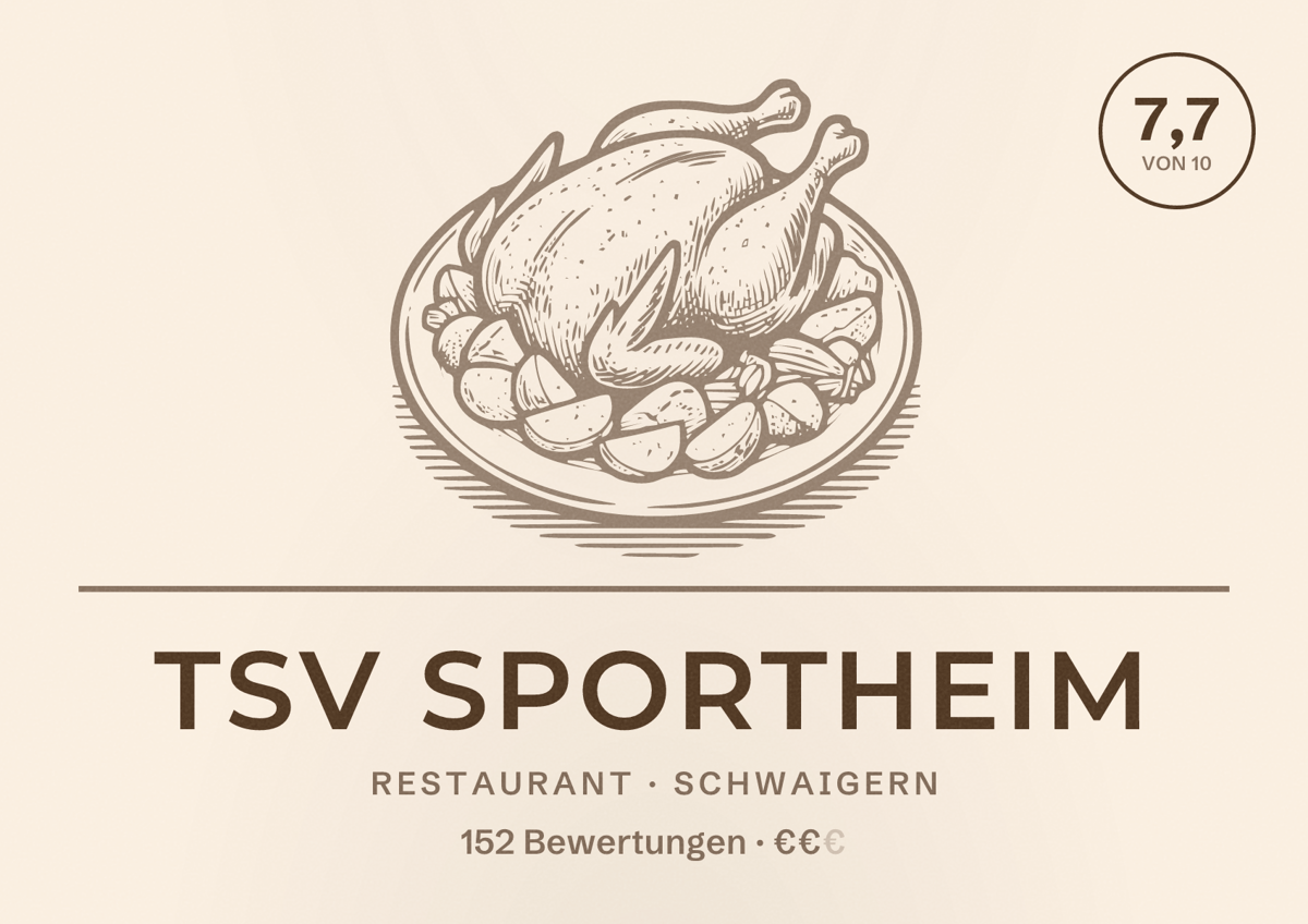 Illustriertes Poster von TSV Sportheim, Restaurant in Schwaigern: Bewertung 7,7 von 10 aus 152 Bewertungen, Preisniveau €€