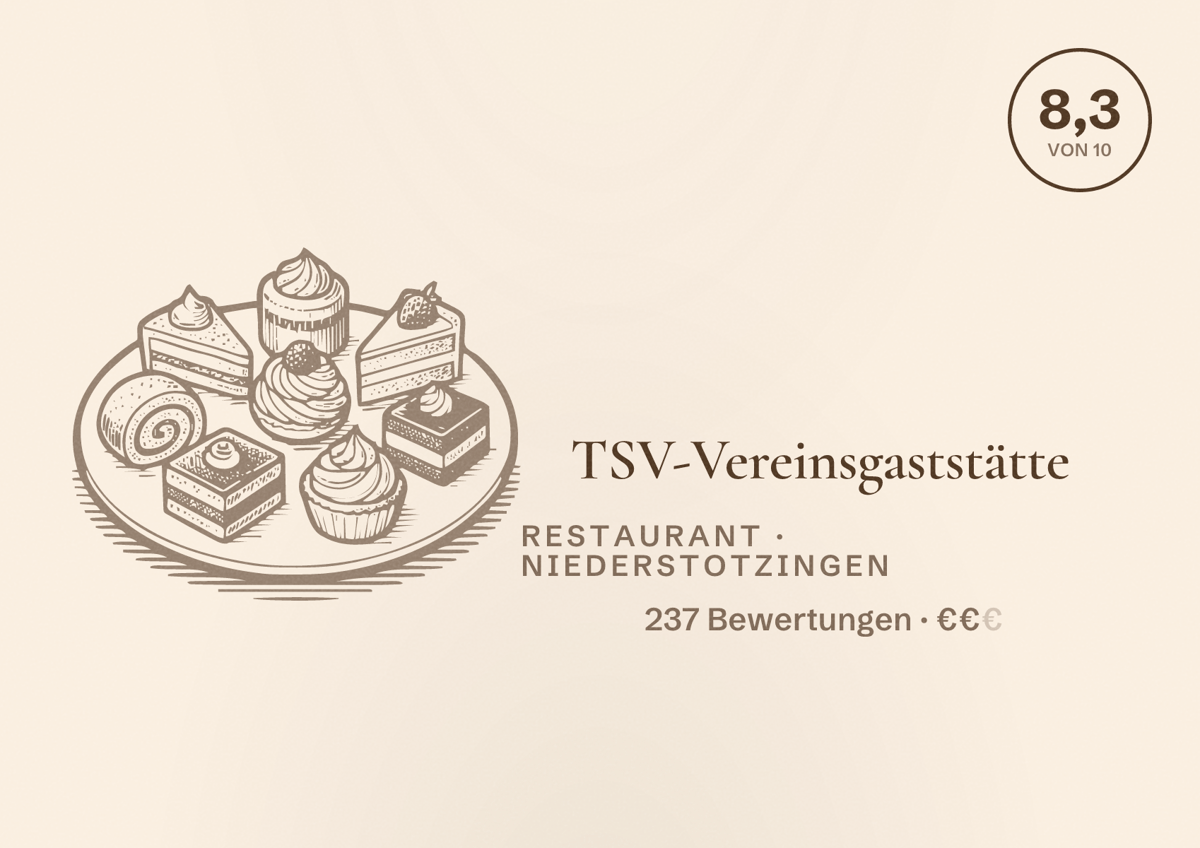 Illustriertes Poster von TSV-Vereinsgaststätte, Restaurant in Niederstotzingen: Bewertung 8,3 von 10 aus 237 Bewertungen, Preisniveau €€