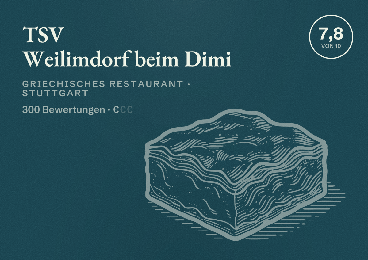 Illustriertes Poster von TSV Weilimdorf beim Dimi, Griechisches Restaurant in Stuttgart: Bewertung 7,8 von 10 aus 300 Bewertungen, Preisniveau €