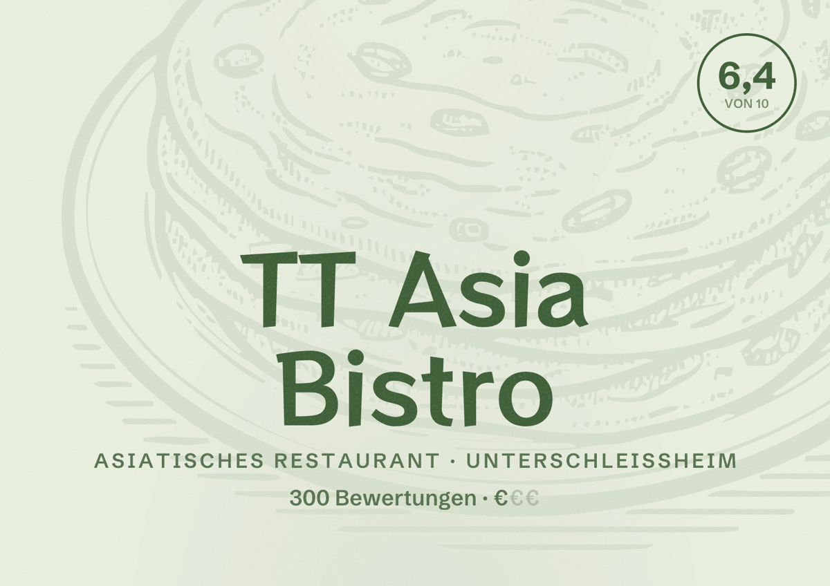 Illustriertes Poster von TT Asia Bistro, Asiatisches Restaurant in Unterschleißheim: Bewertung 6,4 von 10 aus 300 Bewertungen, Preisniveau €