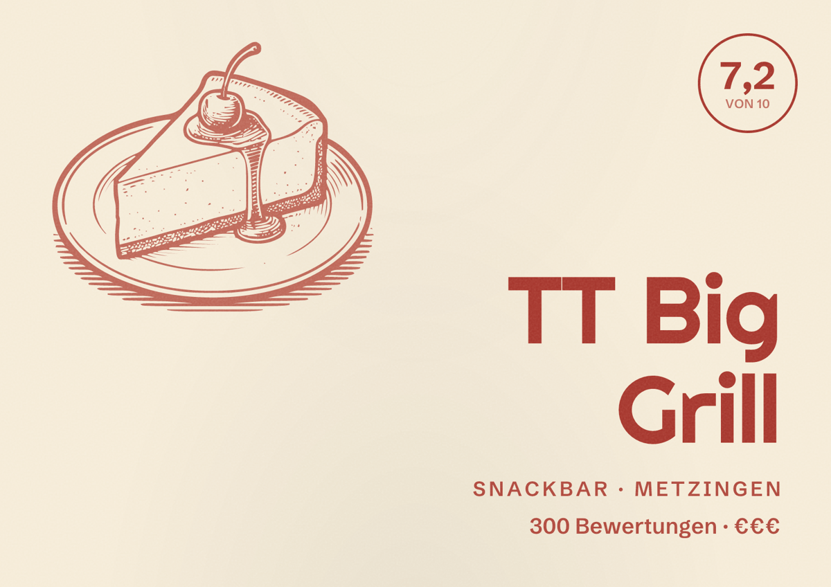 Illustriertes Poster von TT Big Grill, Snackbar in Metzingen: Bewertung 7,2 von 10 aus 300 Bewertungen, Preisniveau €€€
