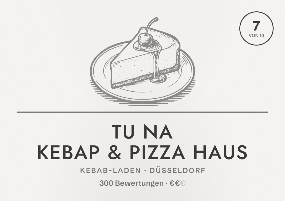 Illustriertes Poster von Tu Na Kebap & Pizza Haus, Kebab-Laden in Düsseldorf: Bewertung 7 von 10 aus 300 Bewertungen, Preisniveau €€