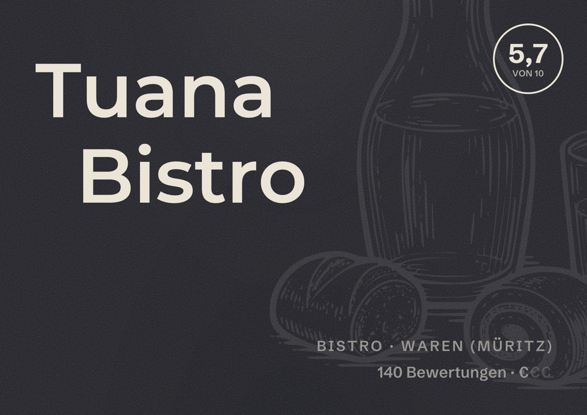 Illustriertes Poster von Tuana Bistro, Bistro in Waren (Müritz): Bewertung 5,7 von 10 aus 140 Bewertungen, Preisniveau €
