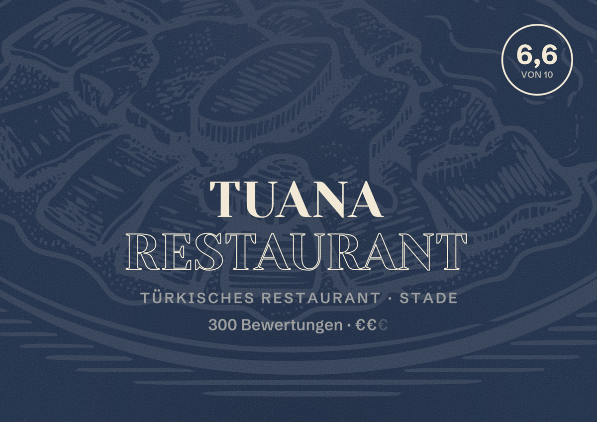 Illustriertes Poster von Tuana Restaurant, Türkisches Restaurant in Stade: Bewertung 6,6 von 10 aus 300 Bewertungen, Preisniveau €€