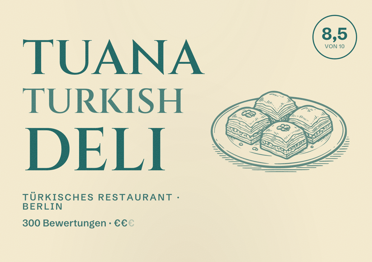 Illustriertes Poster von Tuana Turkish Deli, Türkisches Restaurant in Berlin: Bewertung 8,5 von 10 aus 300 Bewertungen, Preisniveau €€